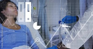 Medical data analysis animation over patient receiving treatment in hospital