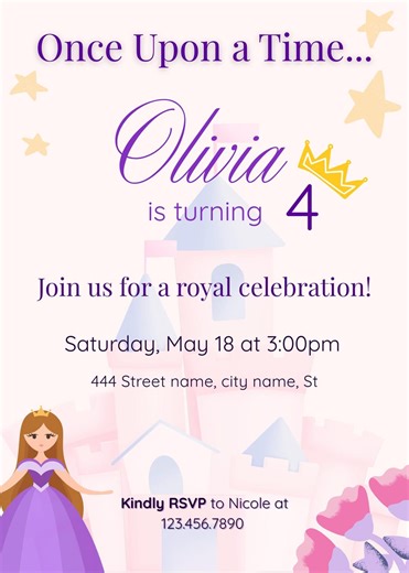 Princess Birthday Invitation Template | Editable Canva Princess Party Invite | Once Upon a Time Birthday | Girl Birthday Invitation - Etsy