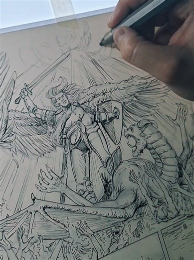 Archangel Michael vs. the dragon! 6th part of this comic strip, follow it step by step until the end...from pencil to final inking! ink kinetic lines of light and clouds ! next tik tok is the last of thi strip!!! #inkillustration #comics #inkdrawing #bandedessinée #kinetic