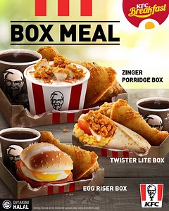 2.6K reactions · 114 shares | Breakfast just got BIGGER with the new KFC Breakfast Box Meal! Start the day BIG and awaken your taste buds with the Zinger Porridge Box, Twister Lite Box, or Egg Riser Box, comes together with tasty fried chicken and a cup of coffee or tea. Get it at the nearest KFC restaurant today. T&Cs apply. | KFC | Facebook