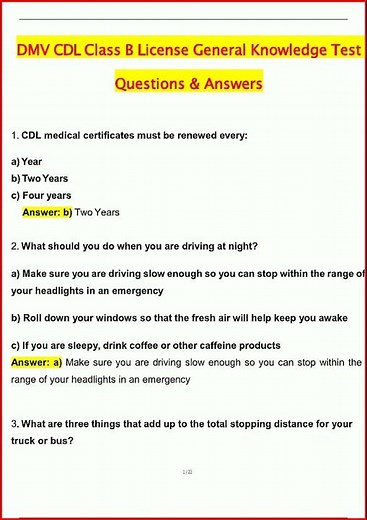 Dmv Cdl Class B License General Knowledge Test Actual Exam W video