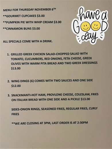 Menu for Thursday November 6th | Snack Shop