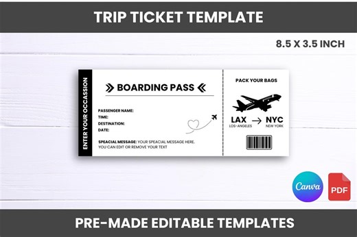 Editable Trip Ticket Template | Black & White Boarding Pass | Travel Gift Printable | Canva PDF - Etsy