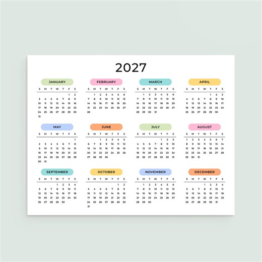 Calendario 2027 Minimalista Calendario de Pared 2027 Paisaje Calendario Anual 2027 IMPRIMIBLE PDF A3 A4 Carta EE. UU. Lunes y Domingo Planificador de Colores - Etsy España