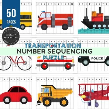 50 Pages Transportation Number Puzzle | Early Learning Sequencing Puzzle 1 to 10