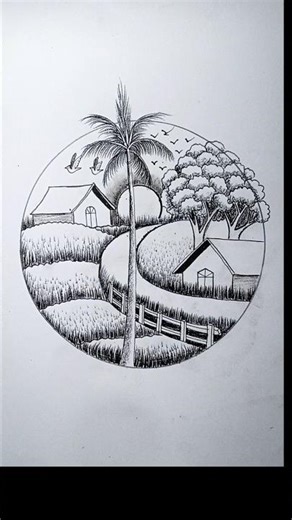 💙 Village drawing | Traditional village life drawing ✨ #shorts #art #drawing #youtubeshorts