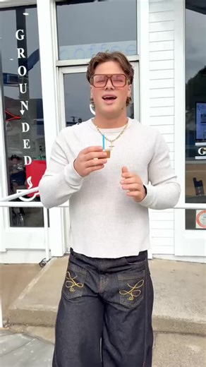 Brayden LaRue on Instagram: "Trying the VIRAL bite sized latte from Grounded Coffee House in CDM🩵 (Disclaimer: this is satire) #fyp #coffee #cdm"