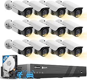 4COVR 16 Channel PoE Security Camera System, 2-Way Talk & Dual Lights Smart Full Color Night Vision, Human/Vehicle Detection, NVR & 4TB HDD, 12X 5MP Wired Business Bullet IP Camera IP67, LY37YX5M1612
