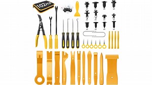 GOOACC 102Pcs Trim Removal Tool, Auto Push Pin Nylon Bumper Retainer Clip Set Fastener Terminal Remover Tool Round Handle Crowbar Kit Car/Radio Panel, Yellow