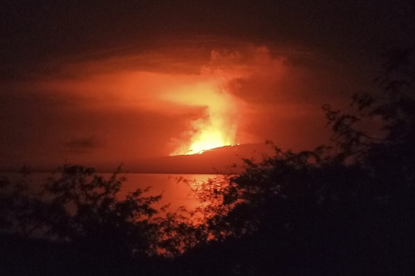 A volcano on an uninhabited Galapagos island erupts and sends lava flowing to the sea