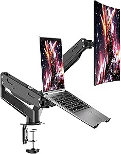 Pholiten Monitor and Laptop Mount for Max 32” Screen and 17” Notebook, Dual Monitor Mount Holds up to 22lbs,Laptop Tray Stand with Gas Spring Arm
