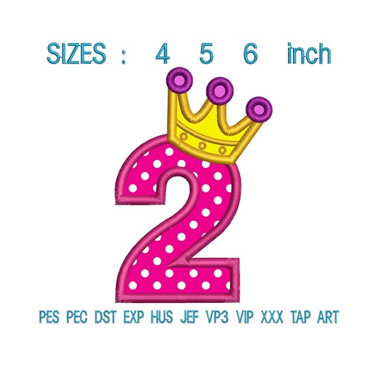 Second Birthday Princess Crown Number 2 Applique Design | Girl Birthday Shirt Embroidery File PES - Etsy