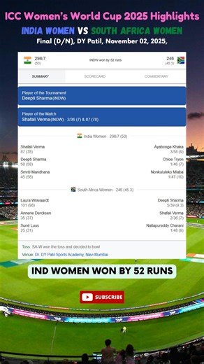 IND Women vs SA Women Final Match , Women's CWC 2025 Highlights🏆 Follow Me @👇👇👇 Instagram: https://www.instagram.com/cricketkisummary/ Facebook: https://www.facebook.com/cricketkisummary YouTube: https://www.youtube.com/channel/UCG6PPk-_z8Fi86IZdMmAv_ | CKS-Cricket Ki Summary