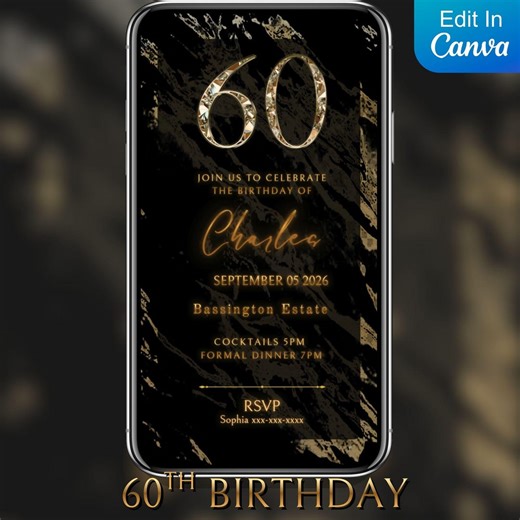 Black Marble 60th Birthday Video Invitation, Gold Foil Canva Template - Etsy