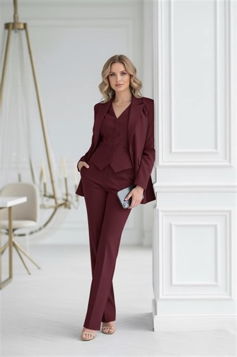 3 Piece WINE Color Women’s Suit | Elegant Formal Pant Set | Custom Made to Measure - Etsy