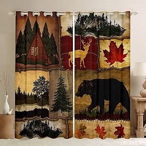 Rustic Farmhouse Blackout Curtains, Retro Cabin Lodge Window Treatments, Hunting Bear Deer Curtains, Country Maple Leaves Window Drapes, Woodland Pine Tree Darkening Curtains, Red Brown 38"X45"