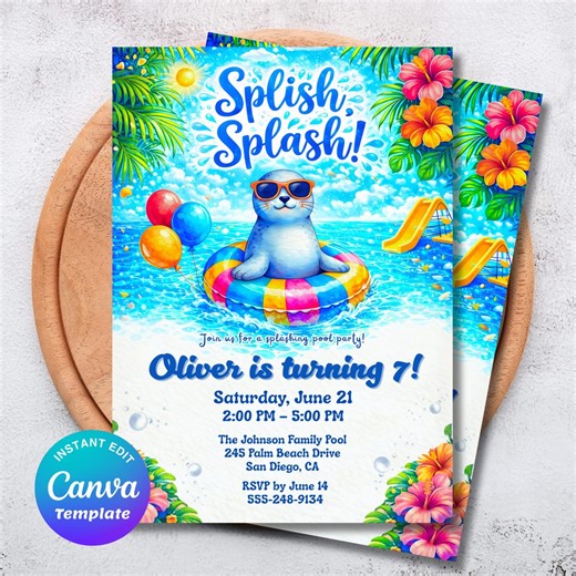 Splish Splash Pool Party Invitation, Summer Splash Kids Birthday Invite, Pool Bash Theme, Editable Canva Template - Etsy