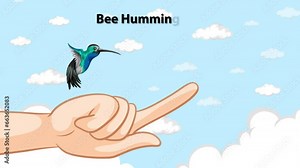 Human finger with Bee Hummingbird flying above, comparing sizes against cloud blue sky background.