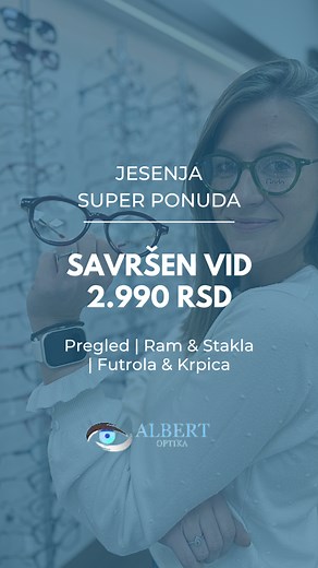 🍂 Jesenja super ponuda! Za samo 2.990 RSD dobijate kompletne naočare, a u cenu je uključen: 👩🏻‍⚕️pregled optometriste👓 dioptrijski ram 🔎stakla 🎁futrola i krpica na poklon 📋 Ponuda se odnosi na: -jednu dioptriju -osnovna stakla -određene modele iz naše široke ponude ramova 📍Nalazimo se u samom centru Beograda: Višegradska 3 – u blizini Kule Beograd 🚚Gotove naočare šaljemo i brzom poštom širom Srbije, ukoliko niste u mogućnosti da nas posetite! #optikaalbert #albertoptika #dioptrija #odre