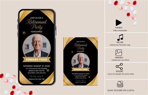 Black and Gold Retirement Animated Invite, Mobile Evite, Video Invitation, Retirement Party, Digital Invite - Etsy UK