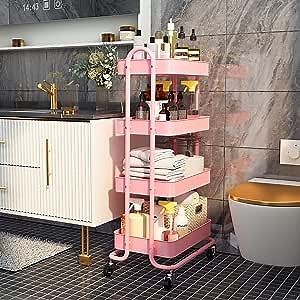 4-Tier Rolling Cart, HERJOY Metal Utility Cart with Lockable Wheels, Storage Craft Art Cart Organizer Trolley Serving Cart Easy Assembly for Kitchen, Bathroom, Living Room, Office