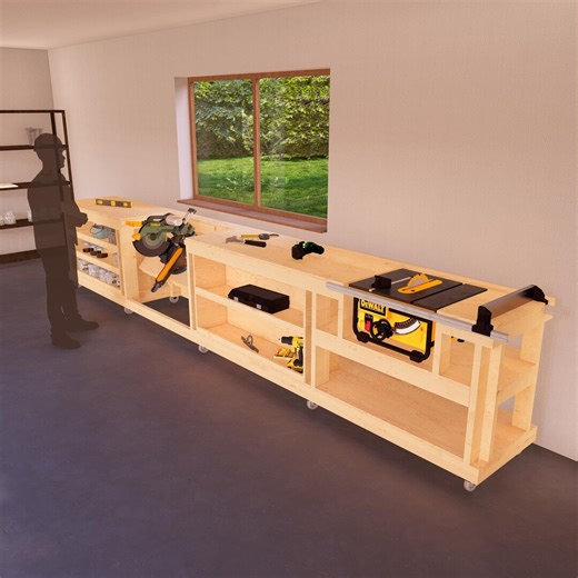 DIY Compact Workbench Plans, Space-saving 2 X 16 Workstation With Foldable Miter Saw Station & Storage Shelves, Perfect for Small Garages - Etsy