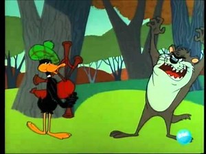 Tasmanian Devil devil is not impressed by Daffy Duck's bagpipes.