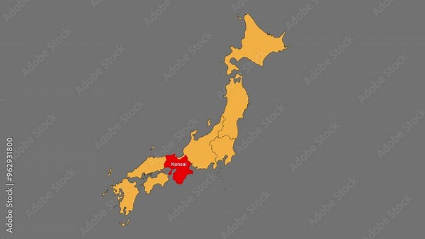 Kansai map animated video. Map Highlighted on the Japan map with animation and colour with Gray background in video format.