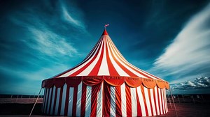 Download A large red and white striped circus tent under a cloudy sky for free