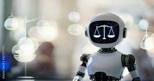 AI robot with a justice scales icon on its screen, symbolizing AI role in law automation and legal tech, digital justice, AI law