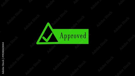 Green Triangle with Check Mark and Word Approved on animated Black Background approval tick