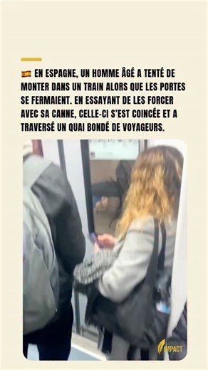 Impact on Instagram: "🚨🇪🇸 Incident sur un quai en Espagne Un homme âgé a voulu monter dans un train alors que les portes se fermaient. Il a essayé de les forcer avec sa canne, mais celle-ci s’est coincée. La canne a alors traversé le quai, parmi les voyageurs présents. #Espagne #incident #transports #metro #españa"