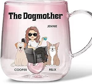 Wrappiness The Dogmother Personalized Pink Gradient Glass Mug - Dog Mom Gift for Women 11Oz Glass Cup Custom Breeds, Funny Drinking Mug for Puppy Mama Mother Momma Birthday Christmas Just Because