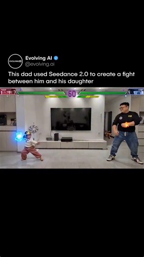 Evolving AI on Instagram: "This turned out amazing. 🥊🎮👀 This dad used Seedance 2.0 to turn a moment he and his daughter had imagined for a long time while playing together into a full video game fight scene. Using images of themselves together with a prompt, he recreated them as game characters, adding effects, powers, and a classic arcade battle setup on top of their real movements. The result feels like a playable game cinematic instead of a normal home video. Seedance 2.0 keeps showing how