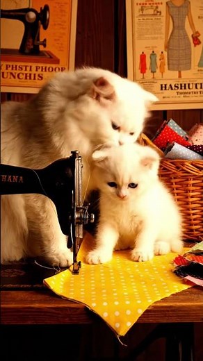 Mama Cat Teaches Kitten How to Use Sewing Machine at Home 🧵 Adorable White Munchkin Cats Learning �