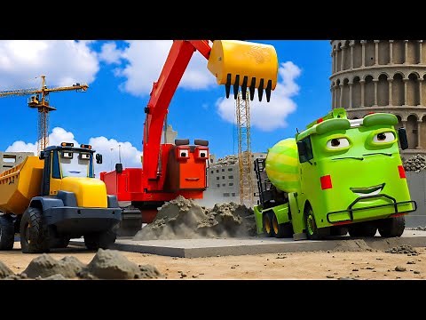 Excavator Maxie Builds the Leaning Tower of Pisa with Rusty & Dex 🏗️ CONSTRUCTION VEHICLES