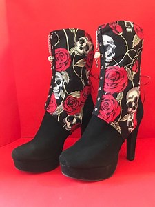 Boot Covers With Skull and Roses Print. Features Skull and Chain on Front, and Red Leather Lace Closure in Back. - Etsy