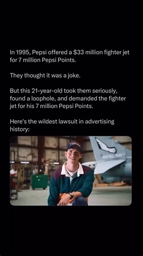 Notinregss on Instagram: "In 1995, Pepsi launched a “Pepsi Stuff” rewards campaign where customers could collect points from Pepsi products and trade them in for merchandise like T-shirts, hats, and sunglasses. They released a commercial to promote it. At the end of the ad, they included a joke: “Harrier Jet: 7,000,000 Pepsi Points” (Cue footage of a military jet landing at a high school.) It was clearly meant as a joke — a Harrier Jet is a real U.S. Marine Corps vertical take-off fighter jet wo
