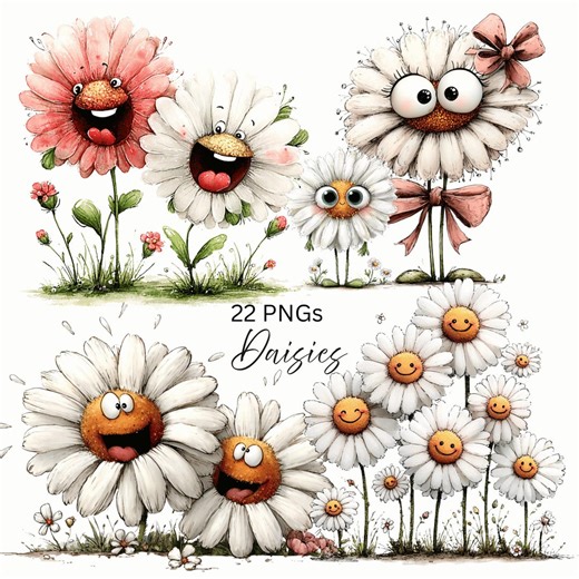 Quirky Daisy Flower Clipart: Cartoon Floral Graphics (digital Download - 22 Pngs) - Etsy