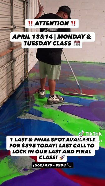 Last & final opportunity to join our $895| 2 day Epoxy class. All of our classes are full Hands on training. We understand the importance of every student getting a true feel for each & every step to acquire the best learning ability possible. These will be our absolute final classes. All of our classes will be $1,350 starting May 2026 . (562) 479 9293 Call or text me today to join 1 of the fastest growing Trades in the U.S - We teach you every single step from Diamond Grinding the concrete to l