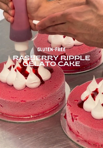 Raspberry Ripple Gelato Cake - (GF) Layered with creamy milk gelato, ripples of raspberry sauce, sprayed with white chocolate and topped with Italian meringue, freeze-dried raspberries, and extra raspberry sauce. All sitting on a (GF) raspberry white chocolate puff rice base. Made fresh, in-house, always. This gelato cake is #glutenfree Available on our website (link in instagram bio) or in-store! . . . #melbourne #foodguidemelbourne #gelato #dessertsmelbourne #glutenfreegelato #glutenfreemelbou