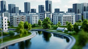 Modern cityscape with high-rise buildings, green parks, and a serene river, perfect for urban living, Earth Day, and sustainability concepts