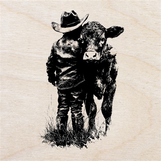 Cowboy et veau gravure SVG, art de la gravure sur bois de ferme occidentale, fichier découpé au laser ranch rustique - Etsy France