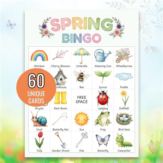 Spring Bingo Printable, Classroom Activity for Kids, Party Game (60 Cards) - Etsy