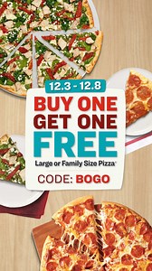 We get it started, you bake it perfect!​ ​BOGO ends today! Don't miss out on this deal. Use code BOGO at online check and get your second large or family sized pizza of equal or lesser value for FREE. ​ ​Online only. Exclusion apply. Ends 12/8. | Papa Murphy's Pizza