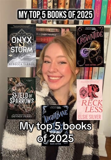 Here are 5 books I haven’t stopped thinking about since reading them in 2025! Audio & inspired by : @Jacky 🗡️📖🥀 !!! 🥰🫶🏻✨ In no particular order… I LOVED: Onyx Storm Nightbane & Crowntide by @Alex Aster Shield of Sparrows Reckless by @Elsie Silver It’s way too hard to pick just 5, so honorable mentions go to The Seven Year Slip, Fearless by Lauren Roberts, and The Book of Azrael 🏆🔥 This list may change tomorrow😂 #topbooksof2025 #2025reads #crowntide #shieldofsparrows #chestnutspringsseri