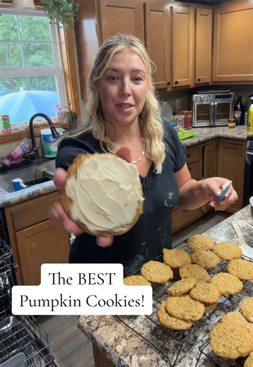 My moms recipe! It’s a tried and true favorite!! Pumpkin Cookies: 2 cups brown sugar 1 cup white sugar 1.5 cups softened butter 1 egg 2 tsp vanilla 2 tsp cinnamon 2 tsp baking soda 1 tsp salt 4 cups flour 2-3 cups old fashioned oats Bake at 350 degrees for 15-20 min Fluffy Peanut Butter Frosting: 1/2 cup softened butter 1/2 cup peanut butter 1/2 tsp vanilla 2 TBSP heavy whipping cream or milk 1.5-2 cups powdered sugar #pumpkin #pumpkinseason #cookies #baking #peanutbutter