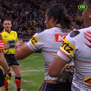 Two contentious moments in a matter of seconds... first a potential double movement try, and then Jarome Luai with the ultimate no-no touching the ref! | Fox League