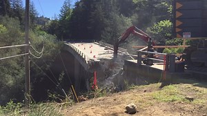 The machine doing this demolition on Pfeiffer Canyon Bridge is called a hoe ram. It has been systematically smashing away the concrete and pulling the rebar out of the | Big Sur Information