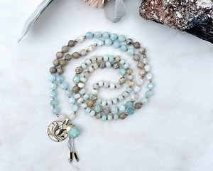 Aquamarine Mala Beads: Amazonite Moonstone 108 Knotted Necklace - Etsy